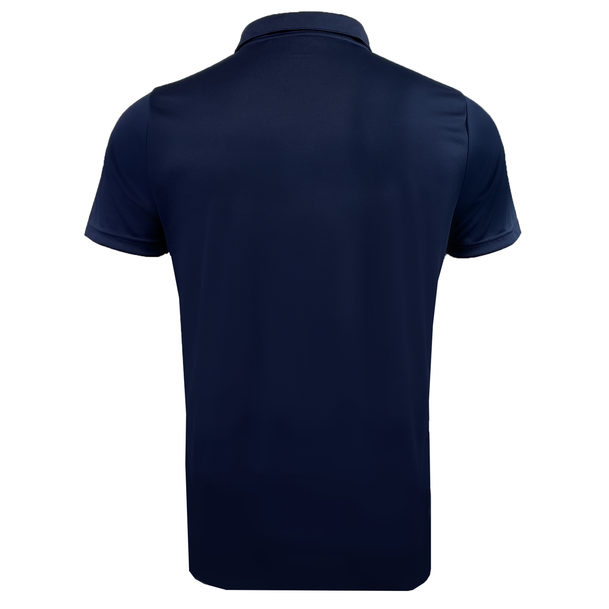USA Rugby Polyester Polo by Castore in navy blue is showcased from the back, highlighting its collar and sleek design. Ideal for an Eagles fan looking for both comfort and style, this polo effortlessly merges athletic functionality with a casual chic aesthetic.