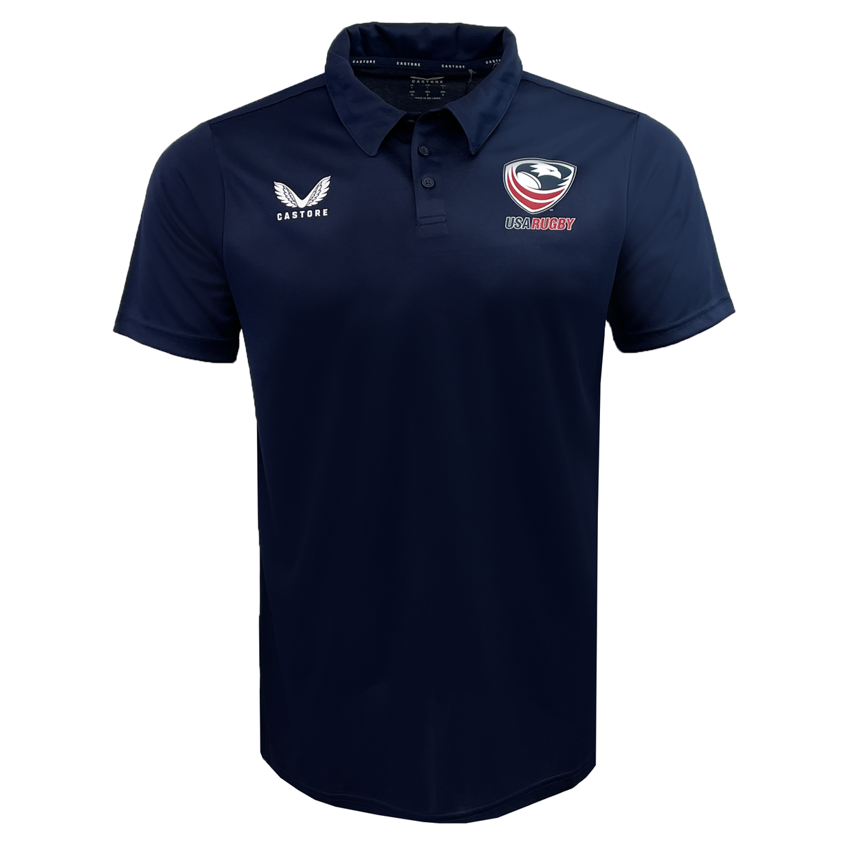 Castore's USA Rugby Polyester Polo in navy blue, showcasing the USA Rugby logo, is perfect for fans of the Eagles.