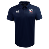 Castore's USA Rugby Polyester Polo in navy blue, showcasing the USA Rugby logo, is perfect for fans of the Eagles.