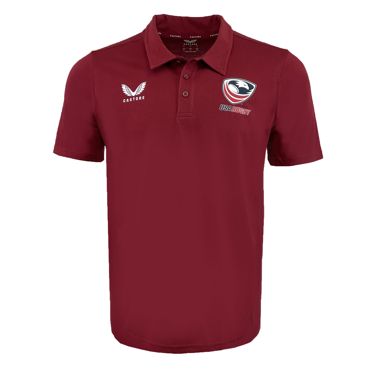 Just in: USA Rugby Polo by Castore, maroon with embroidered Castore and USA Rugby logos on the chest.