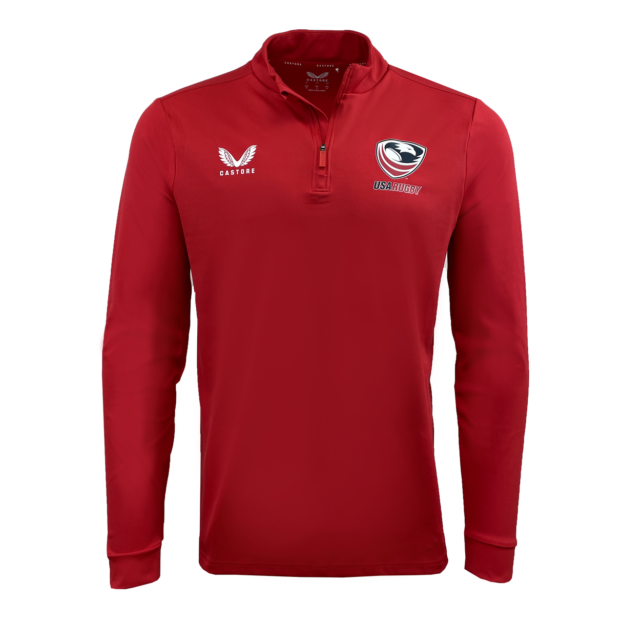 A red USA Rugby 1/4 Zip by Castore that features the USA Rugby logo on the chest and Castore branding on the right shoulder.