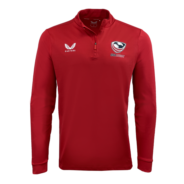 A red USA Rugby 1/4 Zip by Castore that features the USA Rugby logo on the chest and Castore branding on the right shoulder.