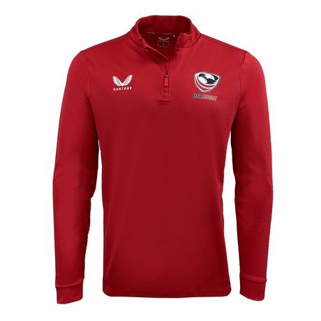 Women's USA Rugby 1/4 Zip by Castore: A red long-sleeve pullover featuring Castore and USA Rugby logos on the front.