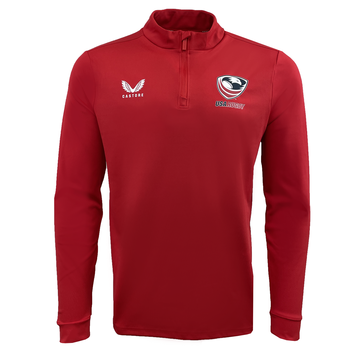Demonstrate your pride as an Eagles fan in the USA Rugby 1/4 Zip by Castore. This red long-sleeve top boasts a sleek quarter-zip design, with the Castore logo on the left chest and the distinguished USA Rugby emblem on the right.