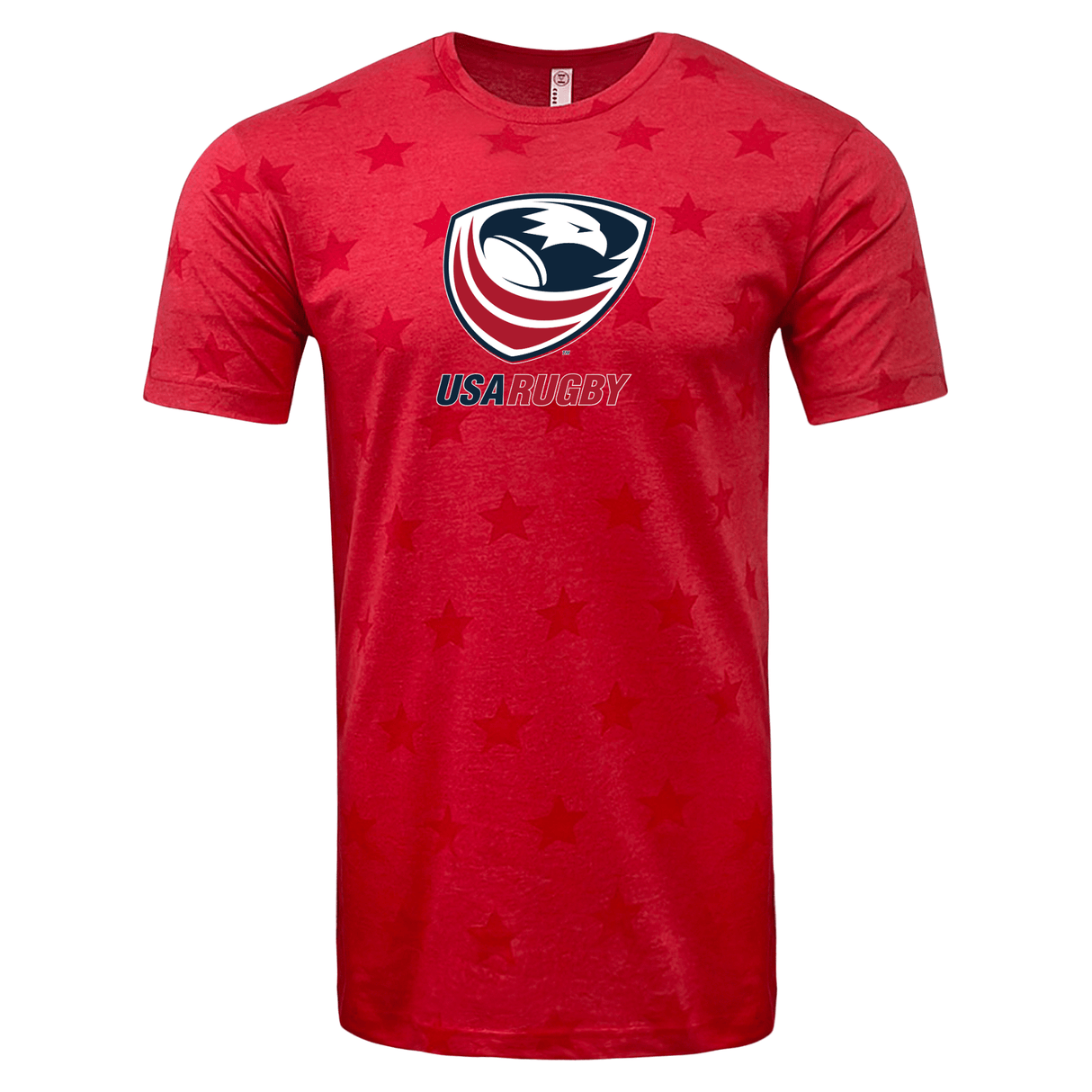 A red WRS LAT USA Rugby Five-Star Logo Tee.