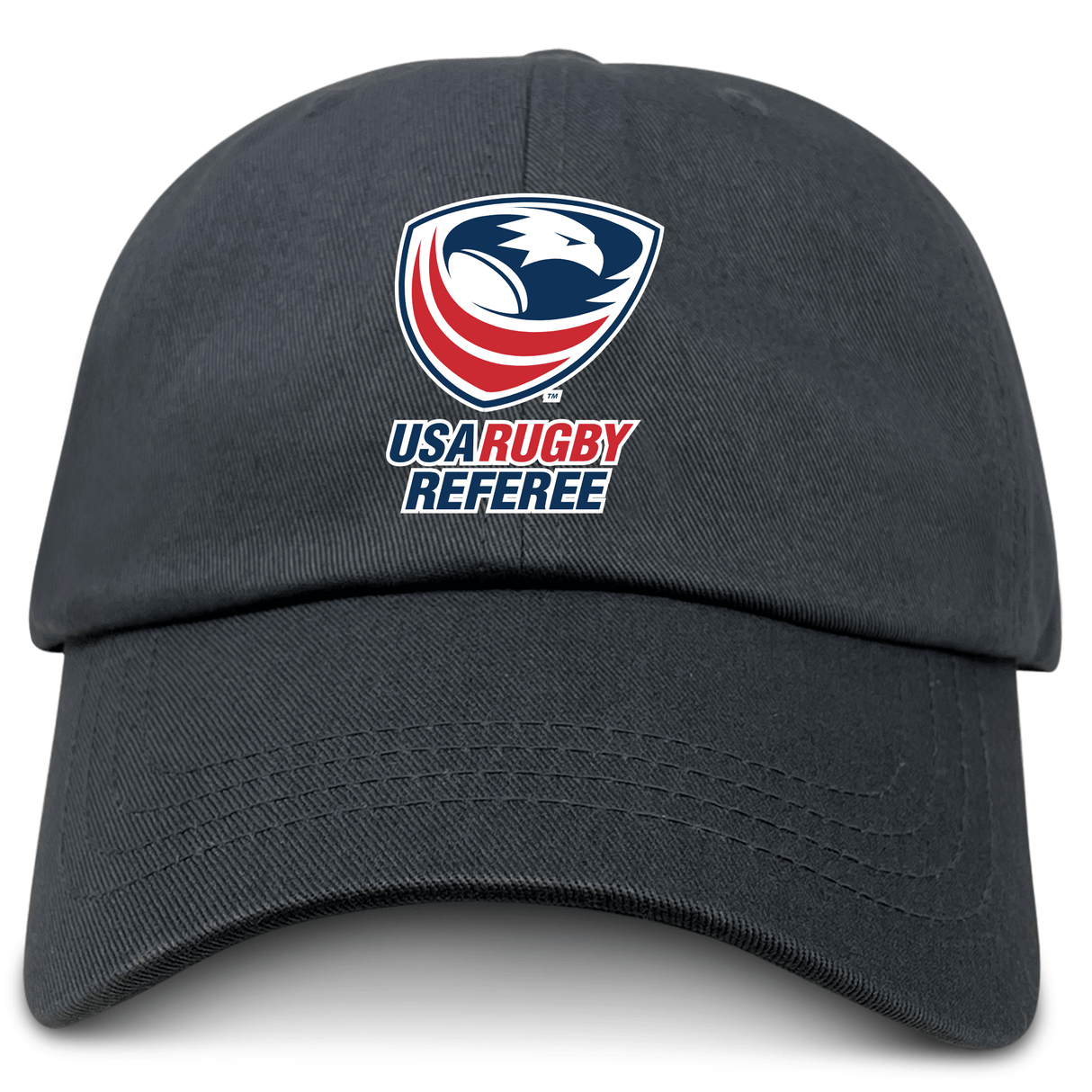 A black EMB Alpha Broder cotton twill baseball cap with a logo on it, perfect for dad caps lovers and fans of USA Rugby Referees.