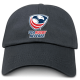 A black EMB Alpha Broder cotton twill baseball cap with a logo on it, perfect for dad caps lovers and fans of USA Rugby Referees.