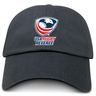 A black EMB Alpha Broder cotton twill baseball cap with a logo on it, perfect for dad caps lovers and fans of USA Rugby Referees.