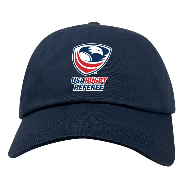 An EMB Alpha Broder dad cap with the USA Rugby Referees logo on it.