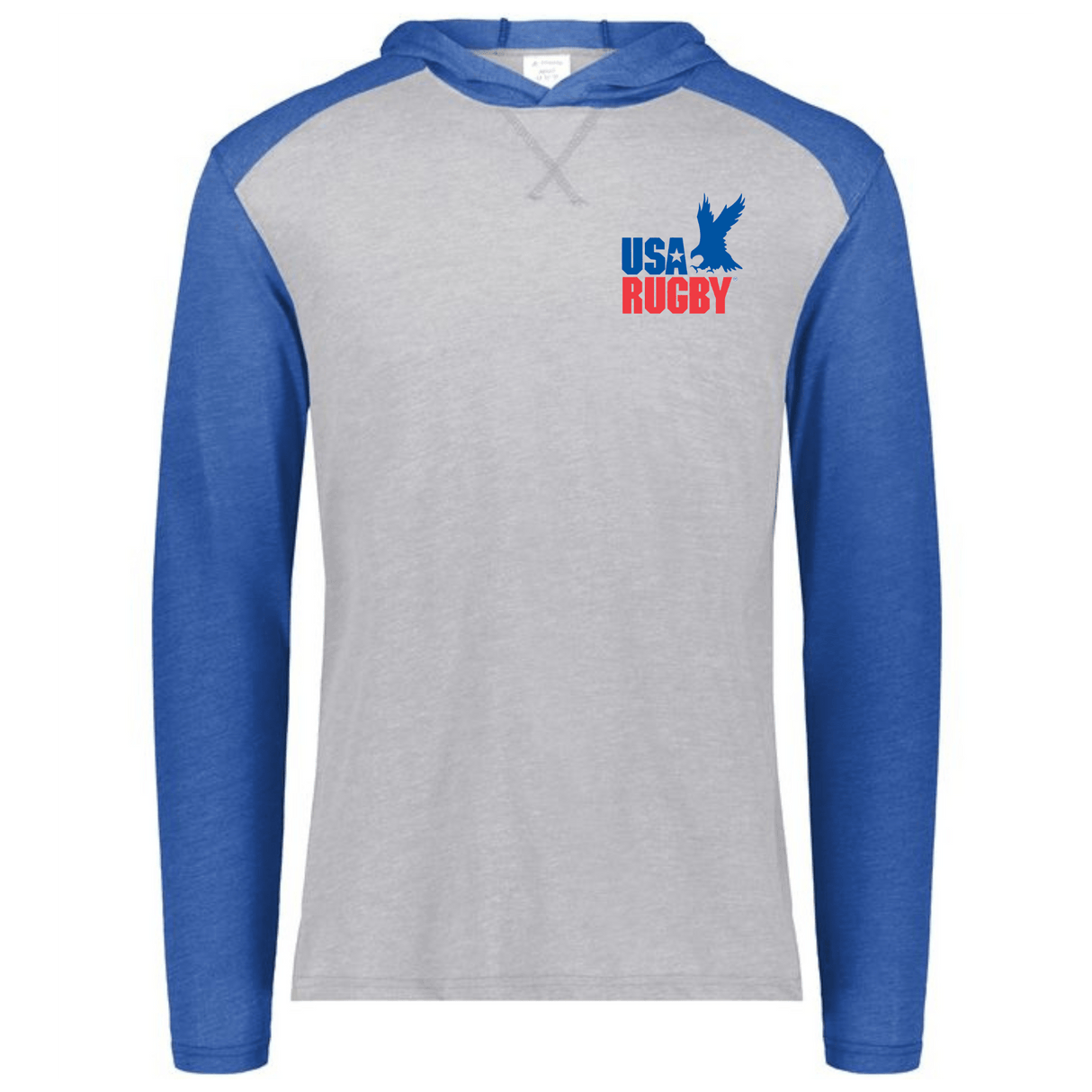 A grey and royal blue USA Rugby Throwback Vintage Hoodie with the USA rugby logo on it.