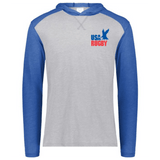 A grey and royal blue USA Rugby Throwback Vintage Hoodie with the USA rugby logo on it.