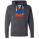 The WRS S&S Activewear USA Rugby Throwback Hockey Hoodie in dark grey features white drawstrings, a blue and red "USA Rugby" logo with an eagle graphic on the front, and offers medium weight comfort with classic style.