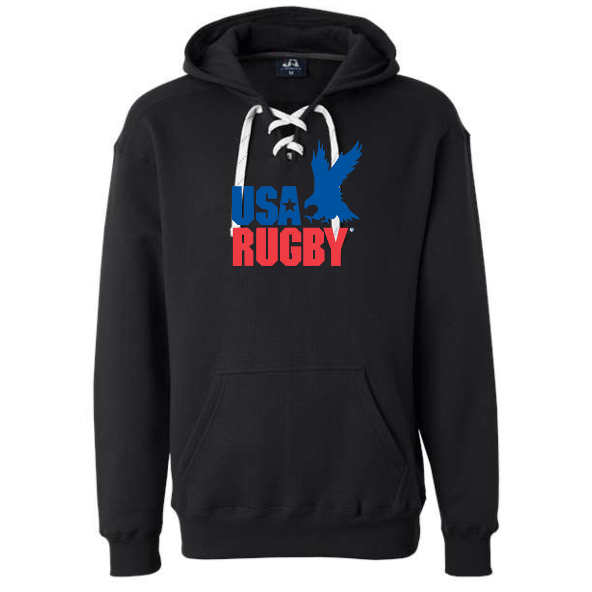 The USA Rugby Throwback Hockey Hoodie by WRS S&S Activewear features white laces, a front kangaroo pocket, and "USA RUGBY" with a blue eagle graphic on the chest. Medium weight for comfort and style.