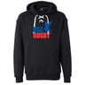 The USA Rugby Throwback Hockey Hoodie by WRS S&S Activewear features white laces, a front kangaroo pocket, and "USA RUGBY" with a blue eagle graphic on the chest. Medium weight for comfort and style.