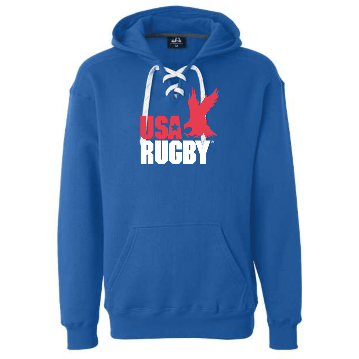 The USA Rugby Throwback Hockey Hoodie by WRS S&S Activewear is a blue, medium-weight hoodie with white laces and "USA Rugby" plus a red eagle graphic on the chest—a classic rugby-inspired throwback design.