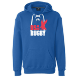 The USA Rugby Throwback Hockey Hoodie by WRS S&S Activewear is a blue, medium-weight hoodie with white laces and "USA Rugby" plus a red eagle graphic on the chest—a classic rugby-inspired throwback design.