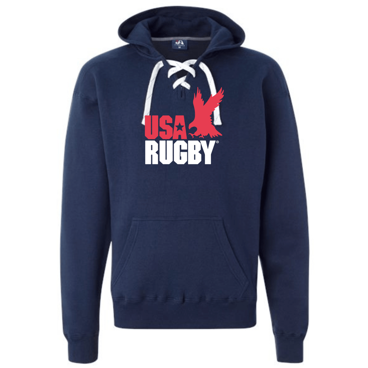 The USA Rugby Throwback Hockey Hoodie by WRS S&S Activewear is navy blue with white lace-up ties, a red eagle graphic, and “USA Rugby” in bold red and white on the chest. Medium weight for comfort and classic sporty style.