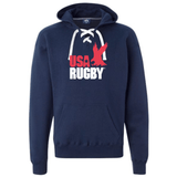 The USA Rugby Throwback Hockey Hoodie by WRS S&S Activewear is navy blue with white lace-up ties, a red eagle graphic, and “USA Rugby” in bold red and white on the chest. Medium weight for comfort and classic sporty style.