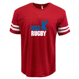 A WRS LAT USA Rugby Throwback Football T-shirt with the word rugby on it, featuring a throwback logo.