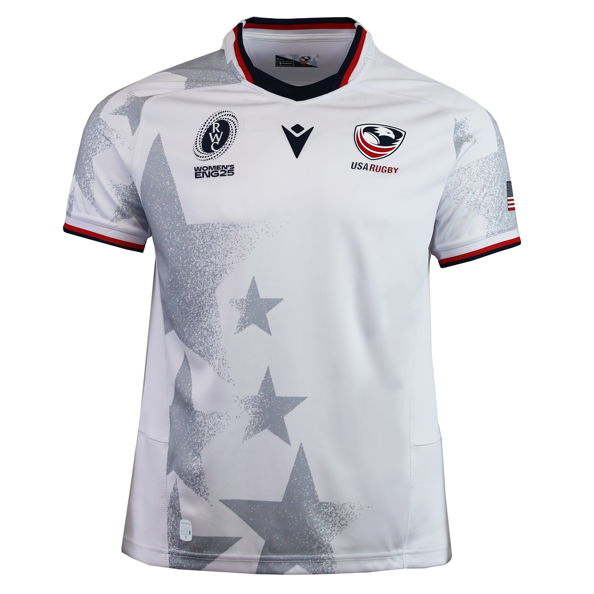 Cheer on Team USA at the Women's Rugby World Cup 2025 in the USA Rugby WRWC25 Replica Away Jersey by Macron, featuring large gray stars, the official logo, and sponsor details on the chest and sleeves.