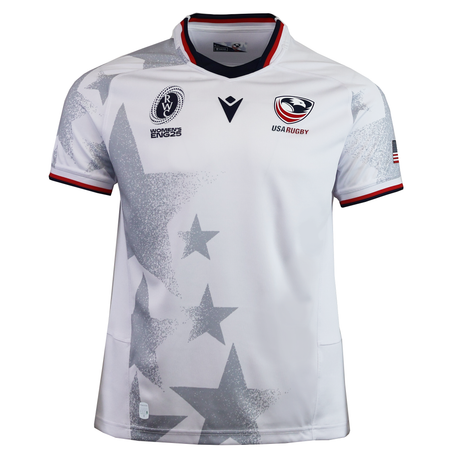 Cheer on Team USA at the Women's Rugby World Cup 2025 in the USA Rugby WRWC25 Replica Away Jersey by Macron, featuring large gray stars, the official logo, and sponsor details on the chest and sleeves.