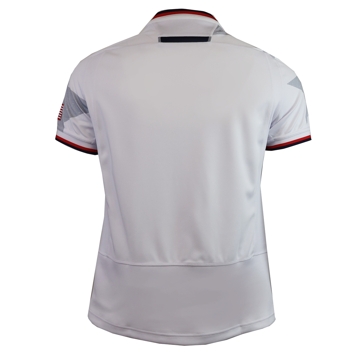 The USA Rugby WRWC25 Replica Away Jersey by Macron is shown from the back, featuring dark trim on the collar and sleeve cuffs, plus a patch on the left sleeve—ideal for supporting Women's Rugby World Cup 2025.