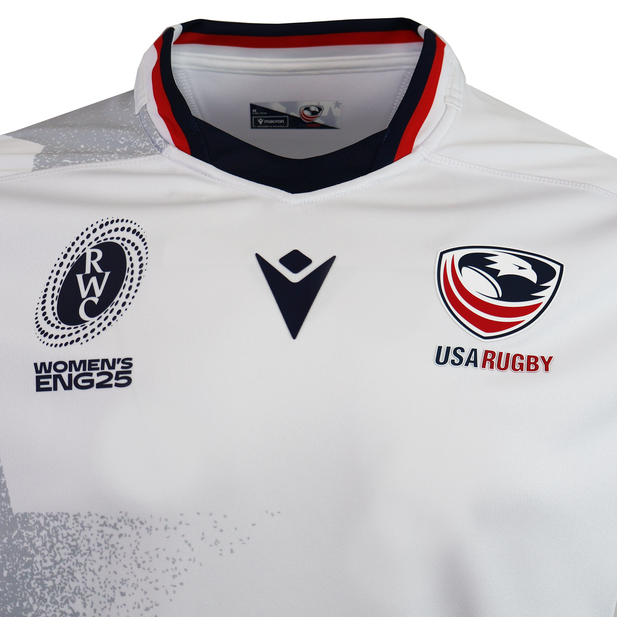 Show your support with the Women's USA Rugby WRWC25 Replica Away Jersey by Macron, featuring the iconic eagle logo and official "Women's ENG25 RWC" emblem—a must-have for fans of women's rugby.