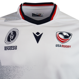 Show your support with the Women's USA Rugby WRWC25 Replica Away Jersey by Macron, featuring the iconic eagle logo and official "Women's ENG25 RWC" emblem—a must-have for fans of women's rugby.