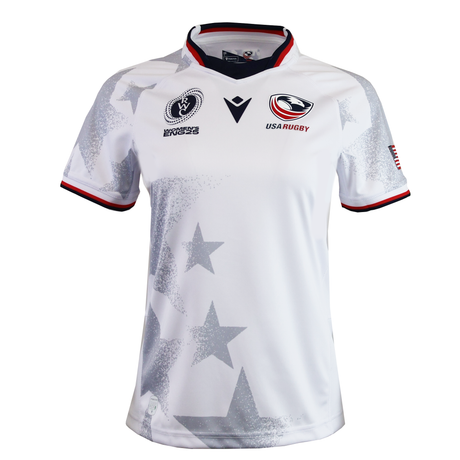 The Women's USA Rugby WRWC25 Replica Away Jersey by Macron features gray star patterns, navy and red collar and sleeve accents, and the USA Rugby logo on the right chest—a stylish replica from Macron.