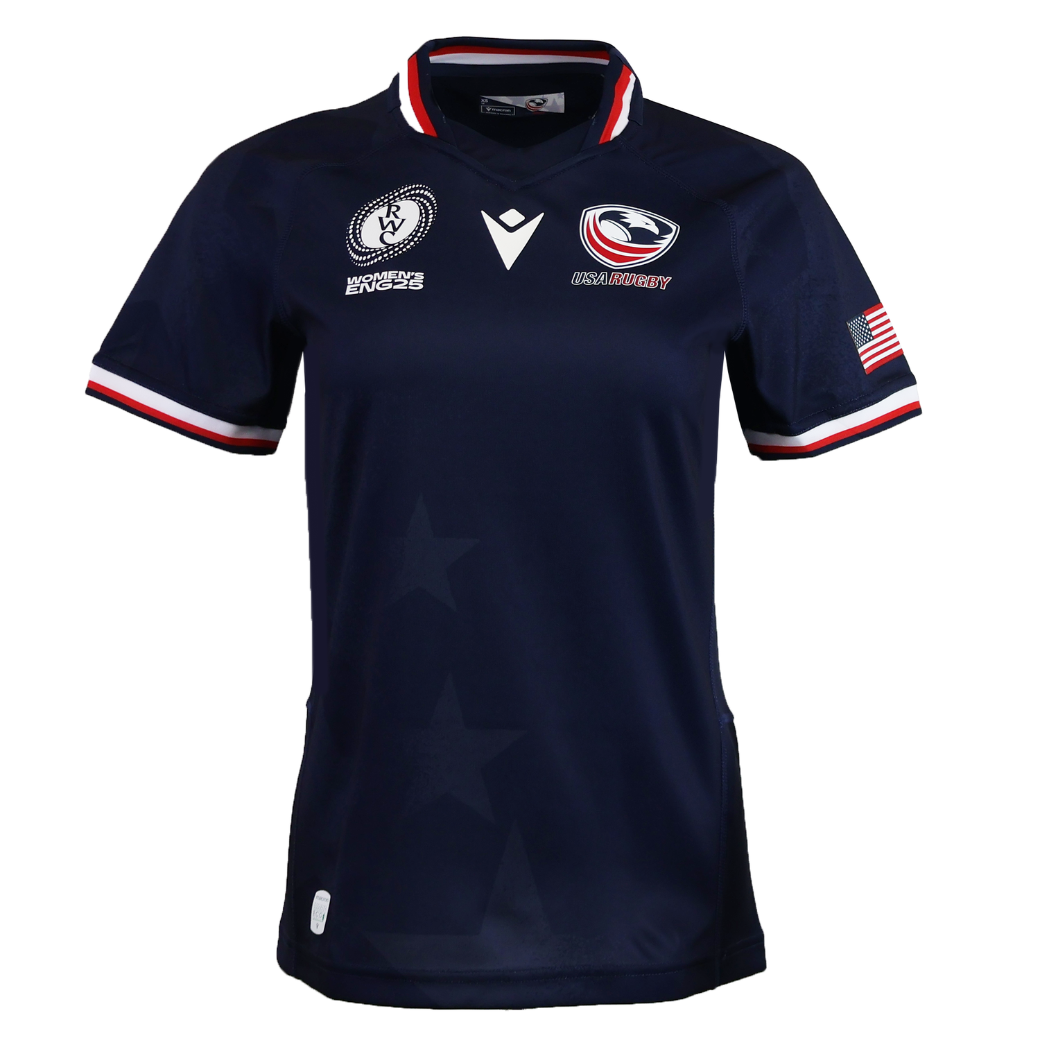 The Women's USA Rugby WRWC25 Replica Home Jersey by Macron features navy blue short sleeves, official logo, WRWC25 event patches, American flag on the sleeve, and white, red & blue trim on collar and cuffs.