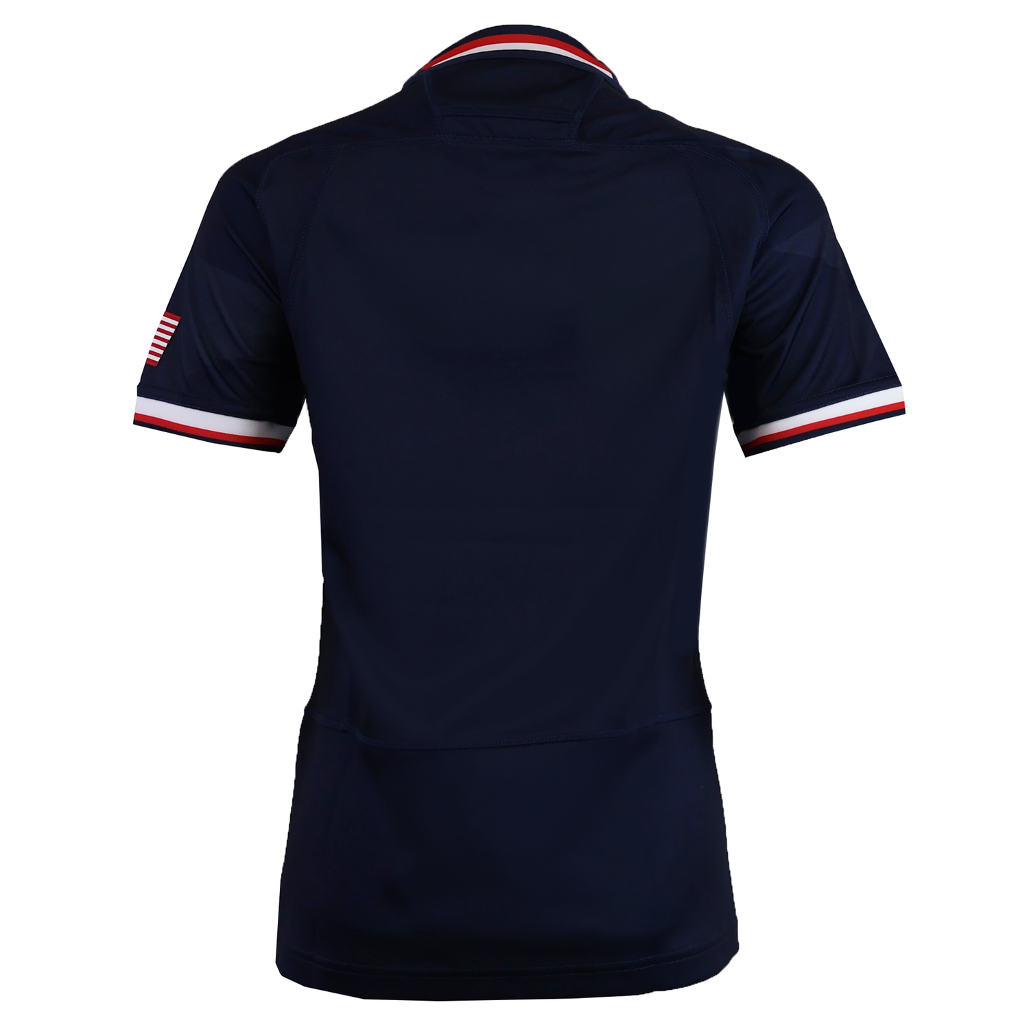 The Women's USA Rugby WRWC25 Replica Home Jersey by Macron is shown from the back, featuring red, white, and blue striped sleeve trim and an American flag patch on the right arm.