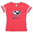 Cheer for your team in the Women's USA Rugby Vintage V-Neck Tee by WRS LAT. This shirt boasts a bold red color, sporty white striped sleeves, and displays the USA Rugby logo on the front, making it ideal for passionate fans to showcase their team spirit.