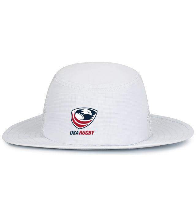 White perforated EMB Augusta USA Rugby Crest Legend Boonie Hat with the USA Rugby logo embroidered on the front.