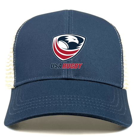 The USA Rugby Eco Trucker Cap by EMB S&S Activewear is a navy blue and white hat with an eagle head and red, white, and blue shield logo on the front.