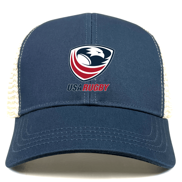 The USA Rugby Eco Trucker Cap by EMB Alpha Broder features the Vintage Style logo.