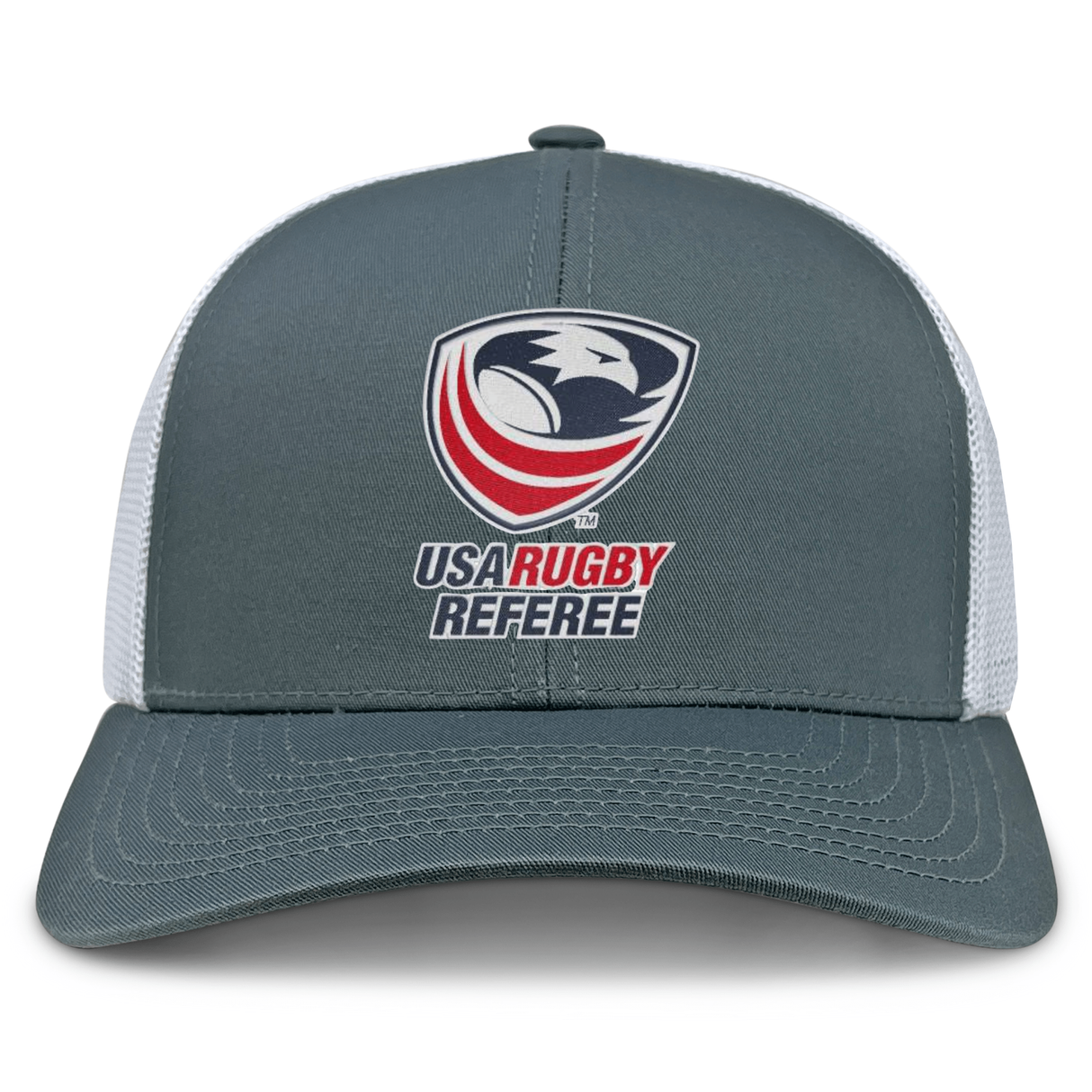 The USA Rugby Referees Retro Trucker Cap by EMB S&S Activewear features a gray and white design with mesh back, front logo and text, plus an adjustable snapback for comfort.