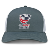 The USA Rugby Referees Retro Trucker Cap by EMB S&S Activewear features a gray and white design with mesh back, front logo and text, plus an adjustable snapback for comfort.