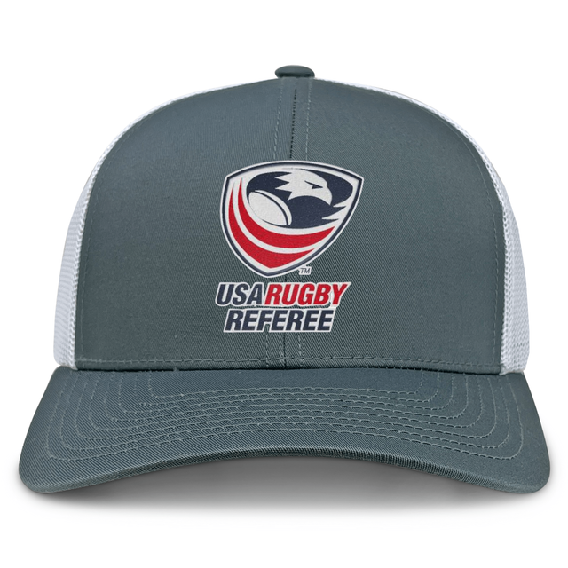 The USA Rugby Referees Retro Trucker Cap by EMB S&S Activewear features a gray and white design with mesh back, front logo and text, plus an adjustable snapback for comfort.