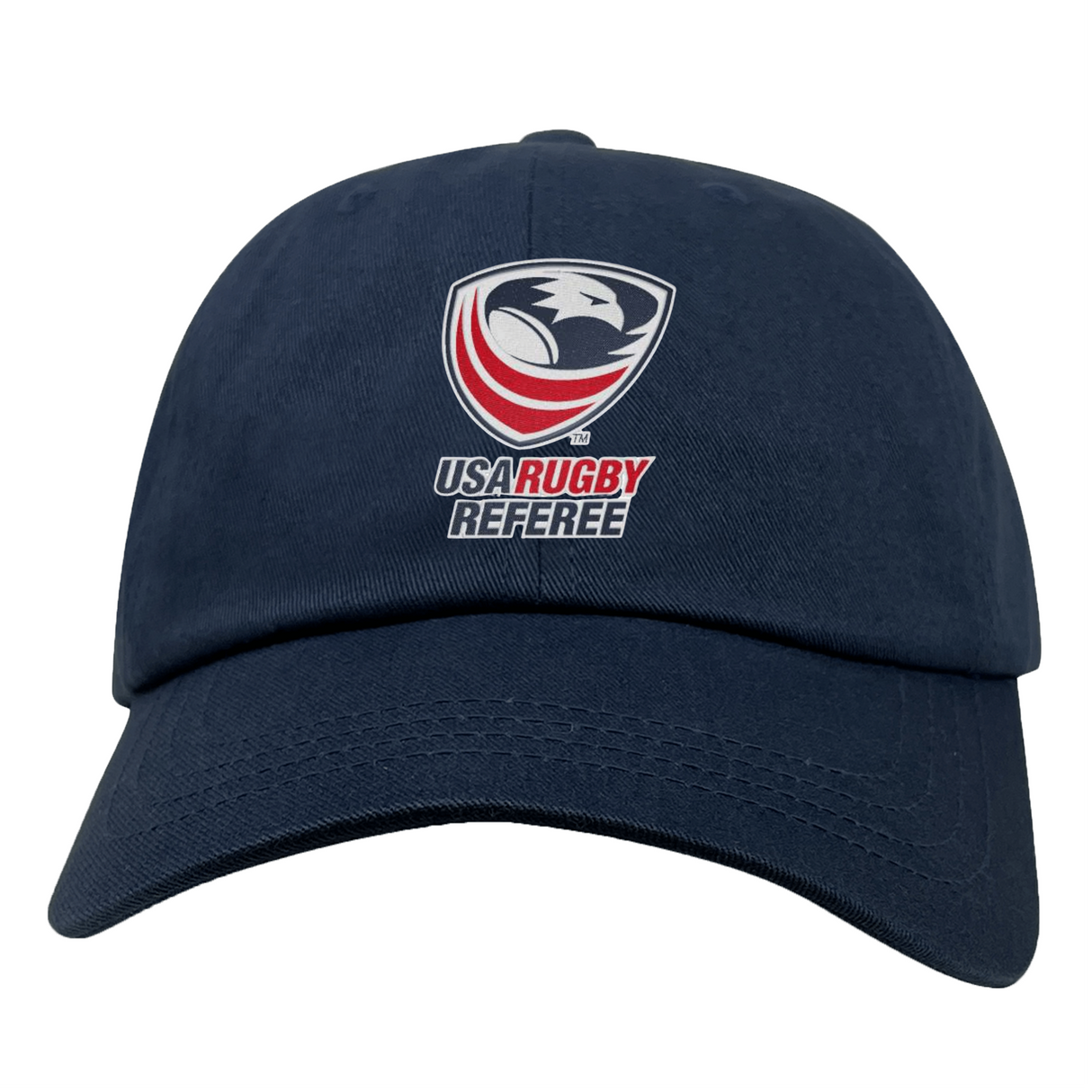 The EMB S&S Activewear USA Rugby Referees Cotton Twill Dad Cap is navy blue and features the referee logo with an eagle in red, white, and blue embroidered on the front.