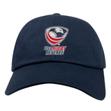 The EMB S&S Activewear USA Rugby Referees Cotton Twill Dad Cap is navy blue and features the referee logo with an eagle in red, white, and blue embroidered on the front.