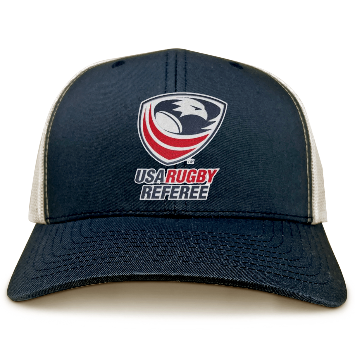 The USA Rugby Referees Retro Trucker Cap by EMB S&S Activewear features a navy blue front, white mesh back, logo and text on the front panel, and an adjustable snapback closure for a custom fit.