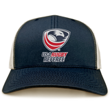 The USA Rugby Referees Retro Trucker Cap by EMB S&S Activewear features a navy blue front, white mesh back, logo and text on the front panel, and an adjustable snapback closure for a custom fit.