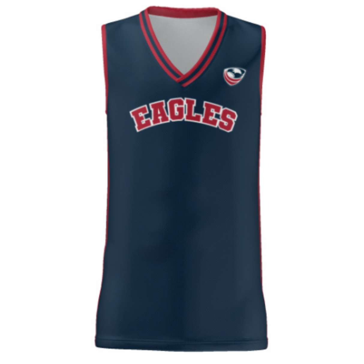 The Teamatical USA Rugby Basketball Jersey is a navy blue sleeveless jersey with red and white trim, featuring "Eagles" and a small logo on the chest. Inspired by USA Rugby aesthetics, it channels the spirit of the USA Eagles team.