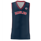 The Teamatical USA Rugby Basketball Jersey is a navy blue sleeveless jersey with red and white trim, featuring "Eagles" and a small logo on the chest. Inspired by USA Rugby aesthetics, it channels the spirit of the USA Eagles team.