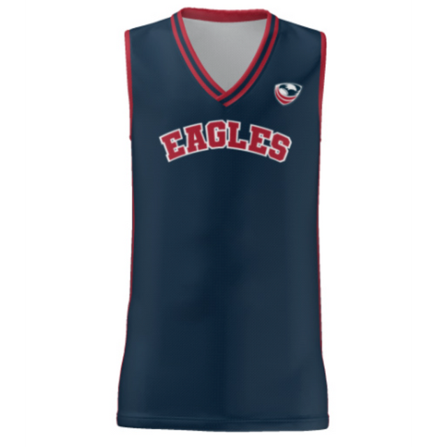 The Teamatical USA Rugby Basketball Jersey is a navy blue sleeveless jersey with red and white trim, featuring "Eagles" and a small logo on the chest. Inspired by USA Rugby aesthetics, it channels the spirit of the USA Eagles team.