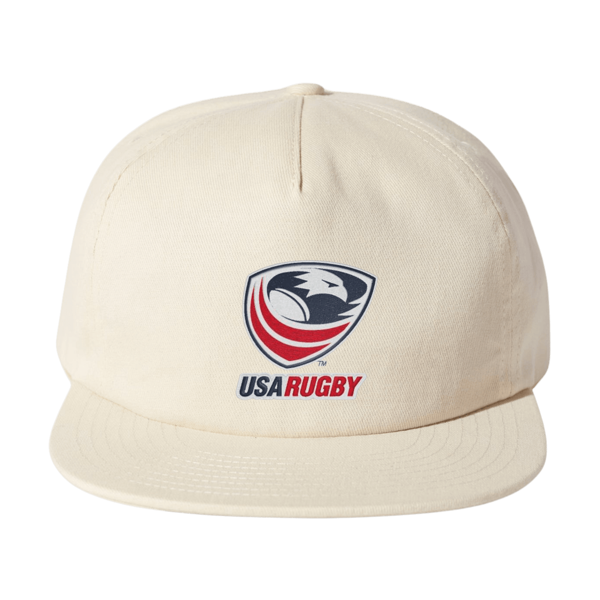 The EMB Weld USA Rugby Crest Brushed Cotton Cap is a stylish beige hat with an intricately embroidered USA Rugby logo, featuring an eagle and rugby ball on the front.
