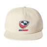 The EMB Weld USA Rugby Crest Brushed Cotton Cap is a stylish beige hat with an intricately embroidered USA Rugby logo, featuring an eagle and rugby ball on the front.