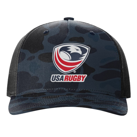 The EMB S&S Activewear USA Rugby Printed Five-Panel Trucker Cap comes in black and dark blue camo, featuring the iconic eagle and red rugby ball logo, plus an adjustable snapback for a comfortable fit.