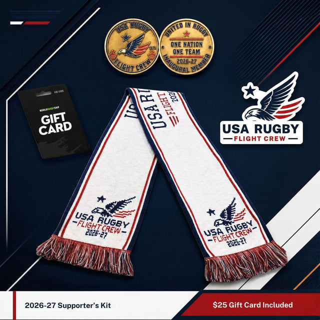 USA Rugby Flight Crew 2026-27 Supporter’s Kit featuring a white knitted scarf with red and blue accents, two round commemorative coins, and a gift card.