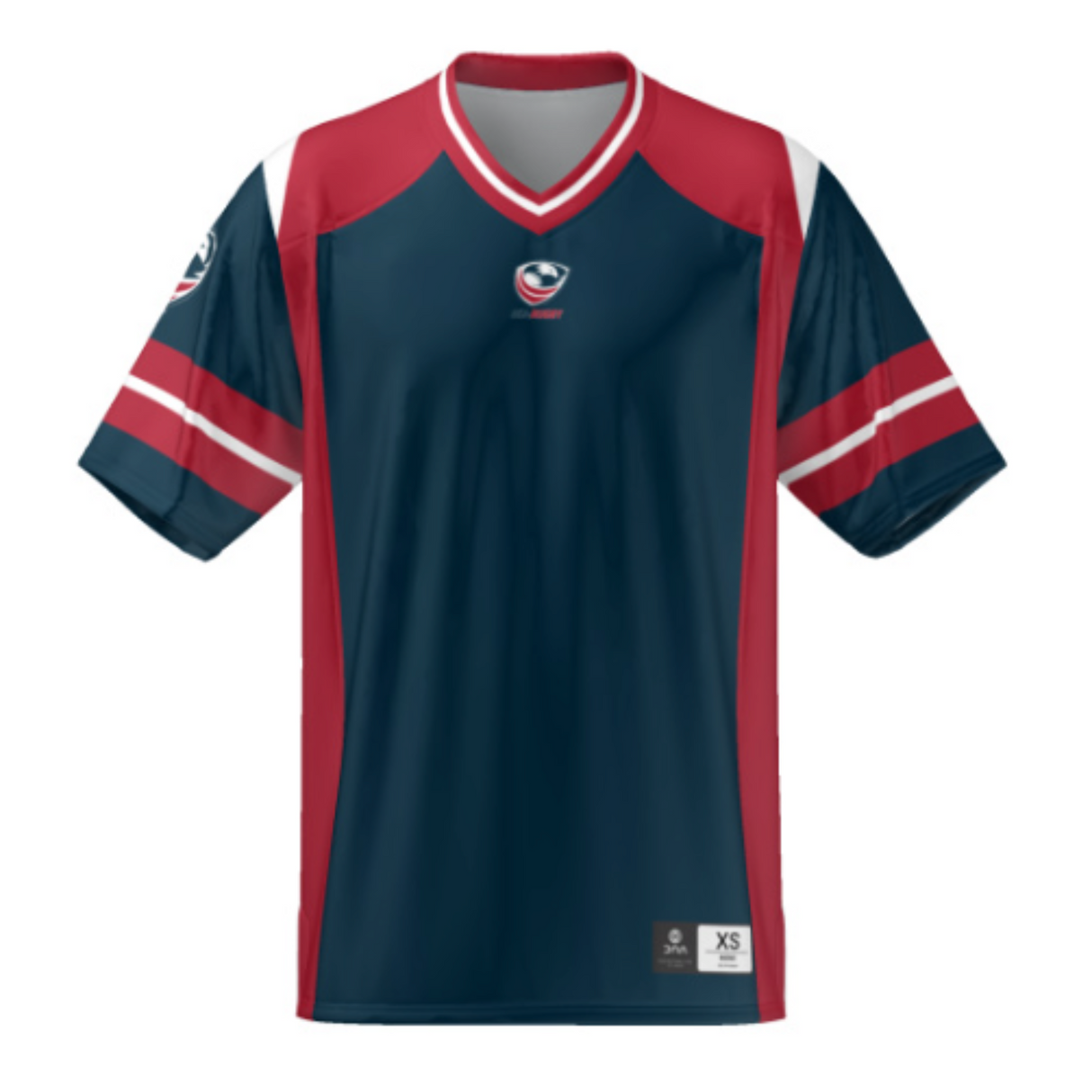 The USA Rugby American Football Jersey by Teamatical is available in blue, red, and white, features a circular chest logo, is made from breathable material, and includes an XS size tag at the bottom.
